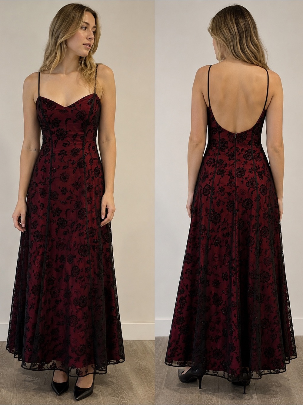 Elegant Maxi Dress with Black Floral Lace Overlay